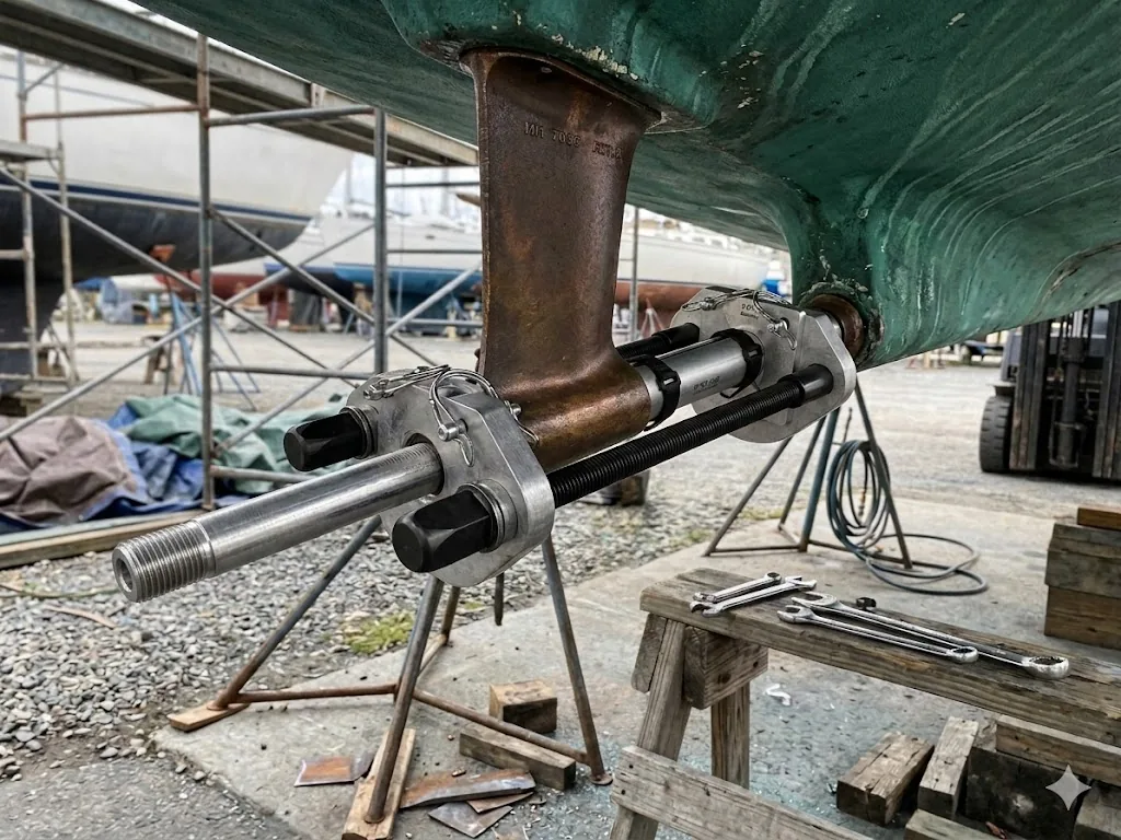 Strut Pro Cutlass Bearing Replacement Tool on a boat at the boatyard