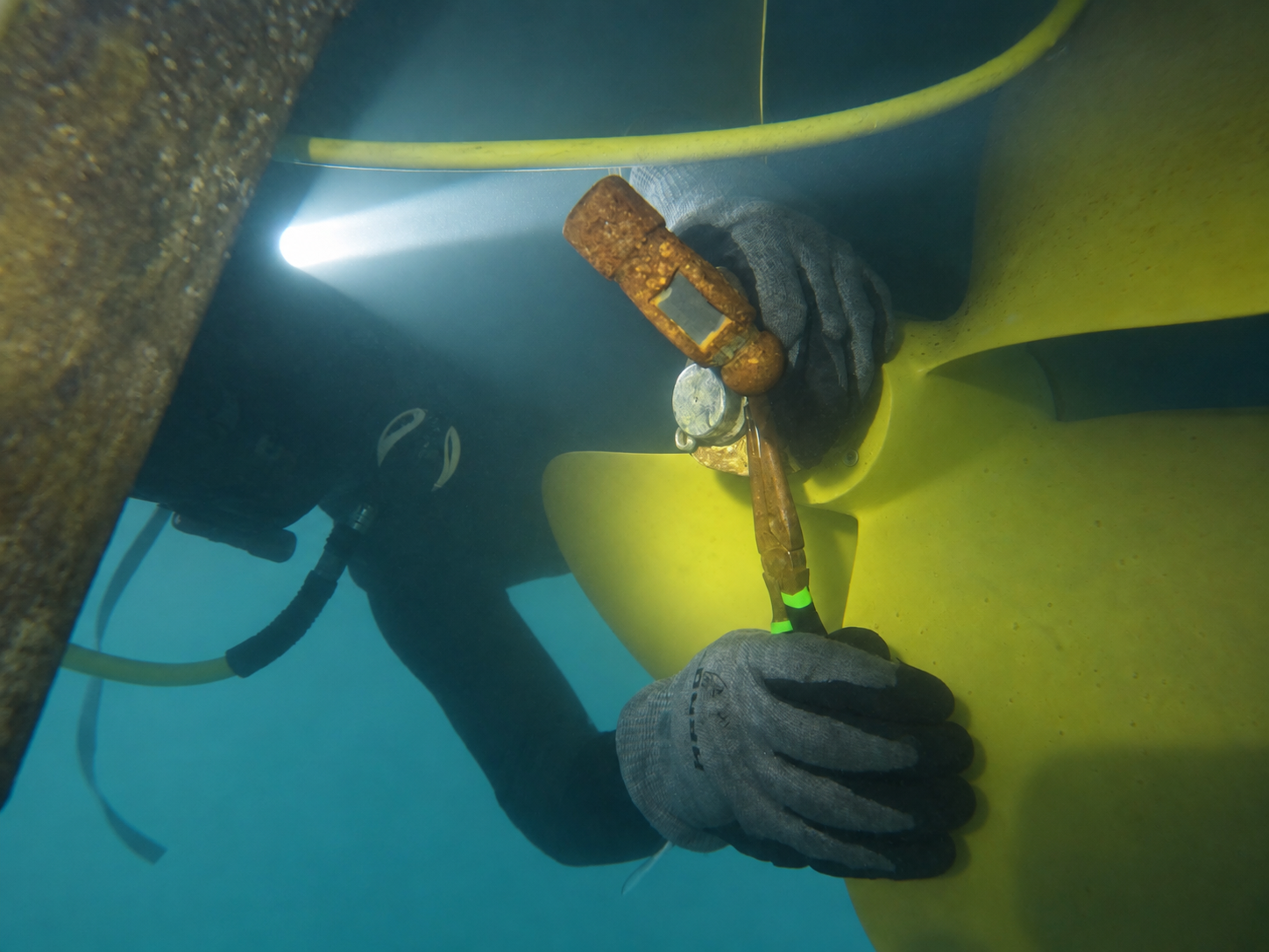Diver working on a boat propeller underwater